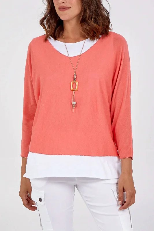 Double Layer Summer Top With Necklace In Coral Flowy Fabric