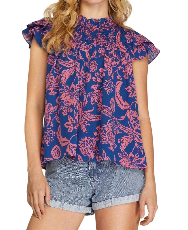 Double Layered Flutter Sleeve Print Top W/smocked Yoke In Blue Comfortable Chic