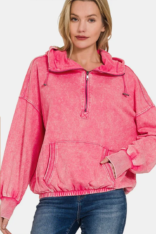 Drawstring Half Zip Dropped Shoulder Hoodie Classic Timeless Elegant Style