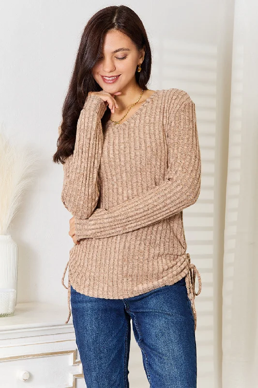 Drawstring Ribbed Long Sleeve T-Shirt Hot Picks