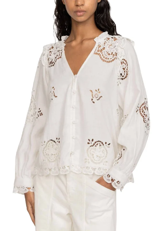 Edith Embroidery Long Sleeve Top In White Quick Grab Deals