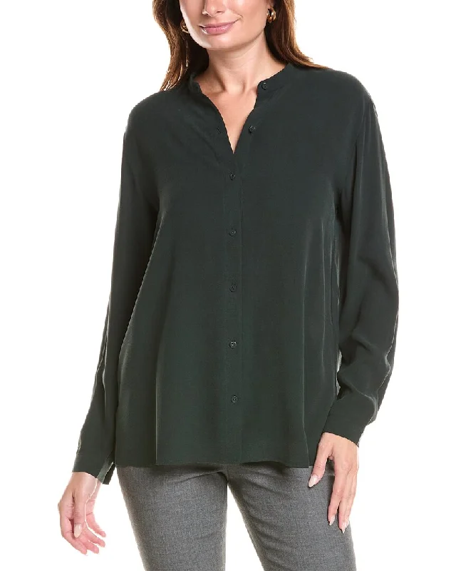 EILEEN FISHER Mandarin Collar Silk Boxy Shirt Feminine Allure