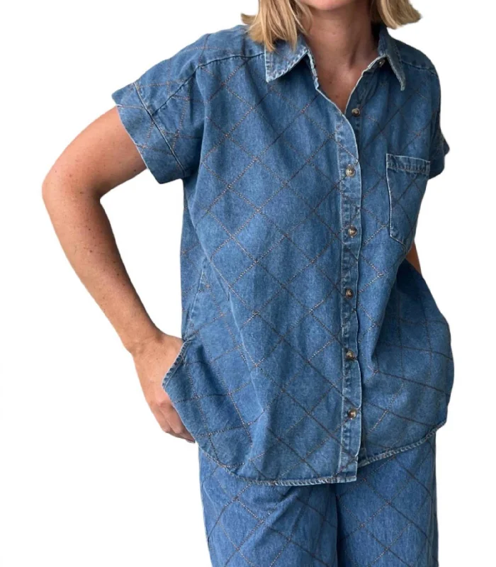 Elevated Quilted Button Down Top In Denim Hot Deals