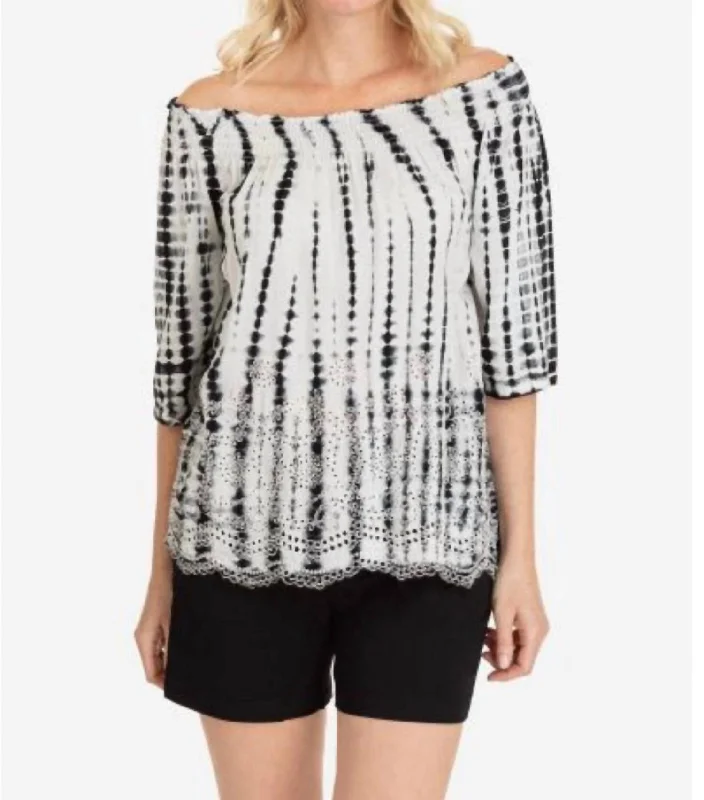 Embroidered On/off Shoulder Top In Black/white Classic Charm