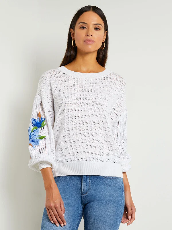 Embroidered Pointelle Knit Balloon Sleeve Sweater Budget Friendly