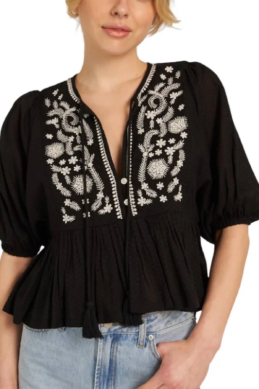 Embroidered Puff Sleeve Blouse Top In Black Graceful Cut