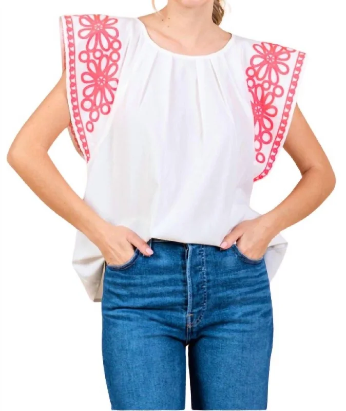 Embroidered Ruffle Sleeve Blouse In White/pink Elegant Attire