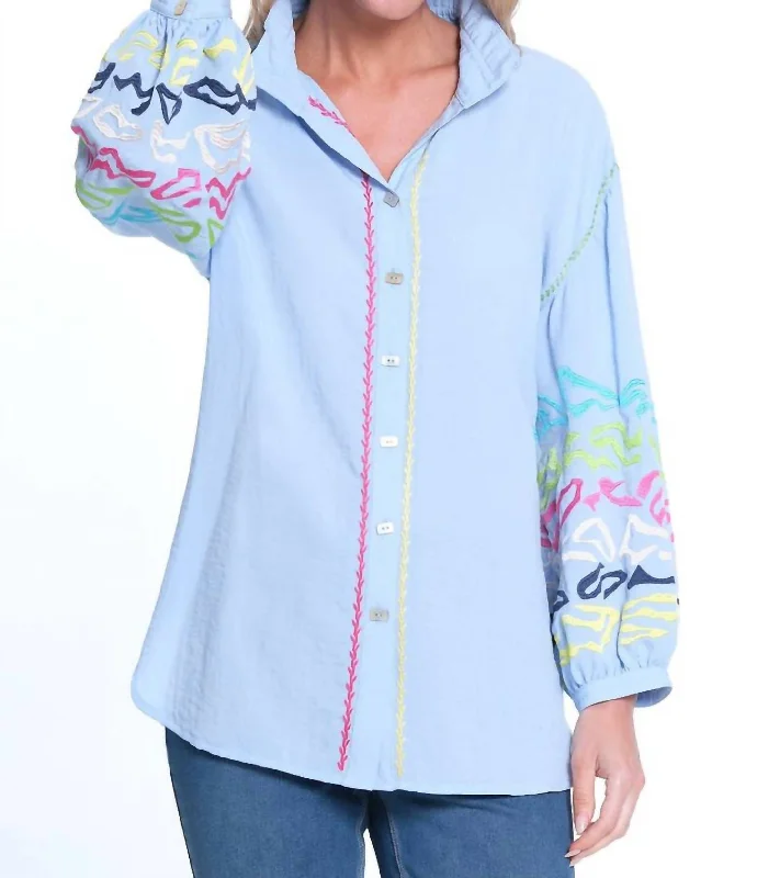 Embroidered Sleeve Blouse In Sky Blue Flash Sale Starts