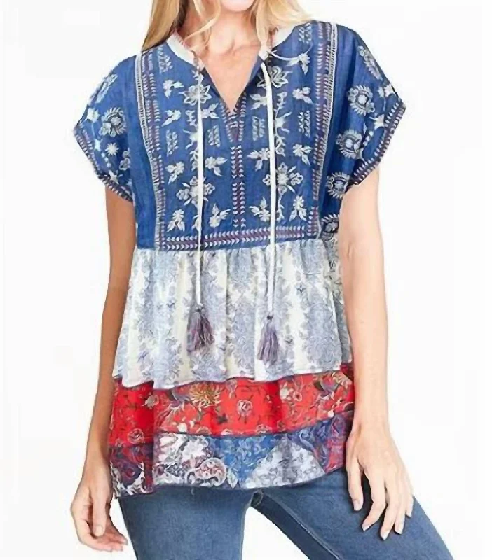 Embroidered Tassle Mixed Print Top In Blue And White Casual Chic