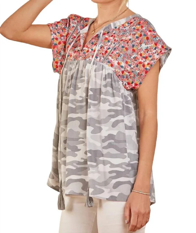 Embroidered Top Blouse In Gray Camo Unbeatable Prices