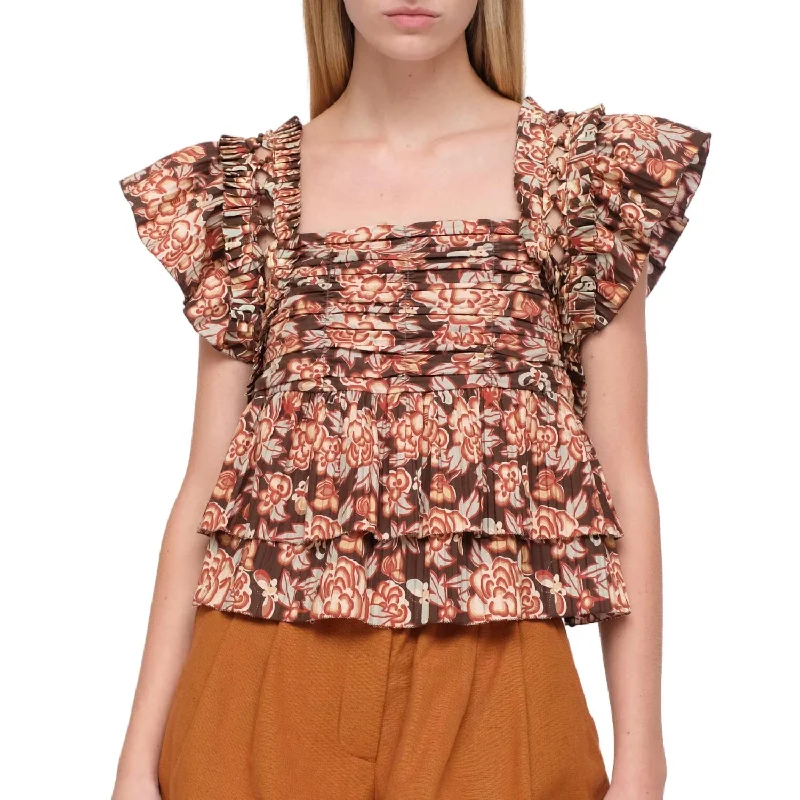 Emelia Print Flutter Sleeve Top In Brown Catch Every Fashion Trend