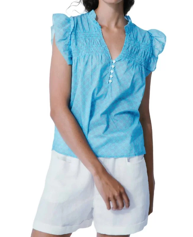 Emma Smocked Frill Blouse In Blue Gem Vintage Retro Party Wear