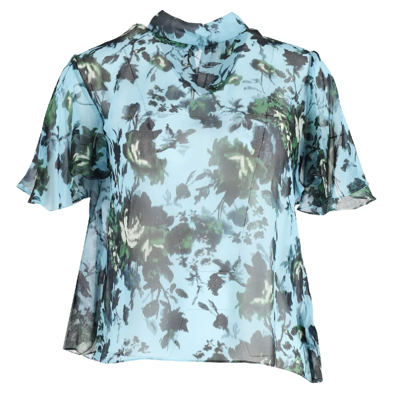 Erdem Caprice Floral-Print Georgette Blouse in Light Blue Silk Top Deals