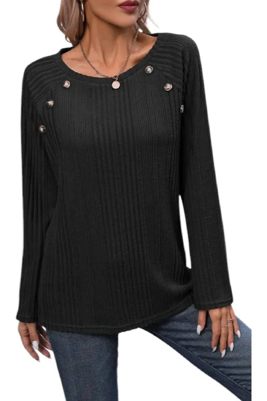 Estella Ribbed Knit Button Detail Top In Black Special Offer For You