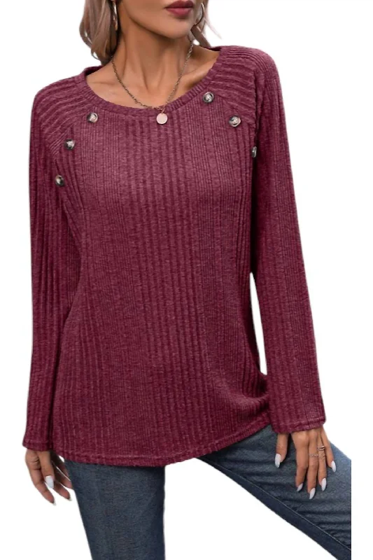 Estella Ribbed Knit Button Detail Top In Wine Crazy Discounts, Hurry Up