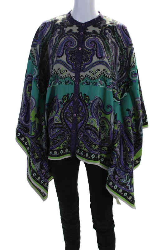 Etro Womens Paisley Print Button Down Kaftan Blouse Purple Green Stylish Savings