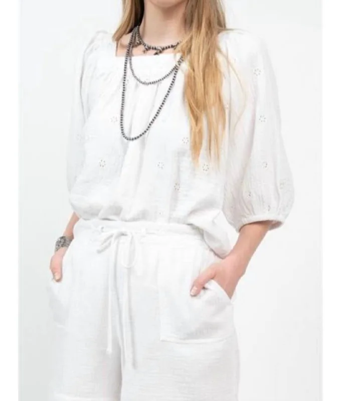 Eyelet Gauze Top In White Casual Chic Clothing