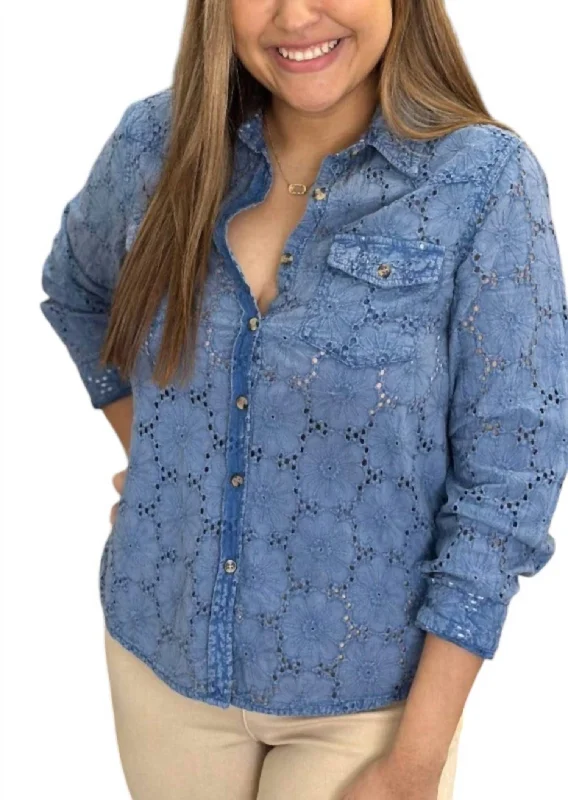 Eyelet Washed Denim Shirt In Blue High End Designer Brands Discount