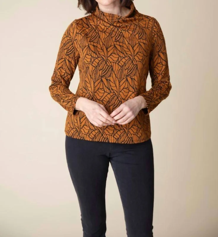 Falling Leaves Jacquard Wrap Neck Top In Ginger Trendy Street Style