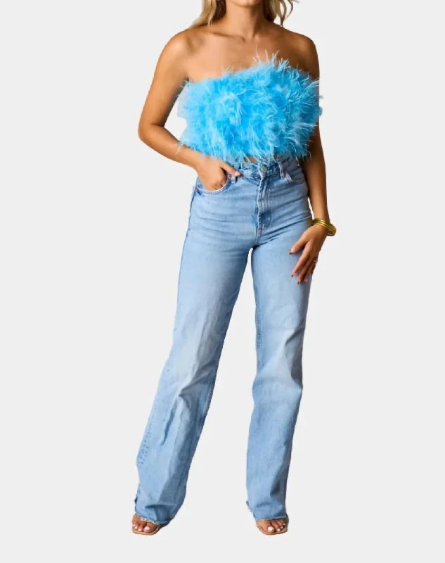 Fancy Strapless Feather Crop Top In Azure Feather Summer Deals