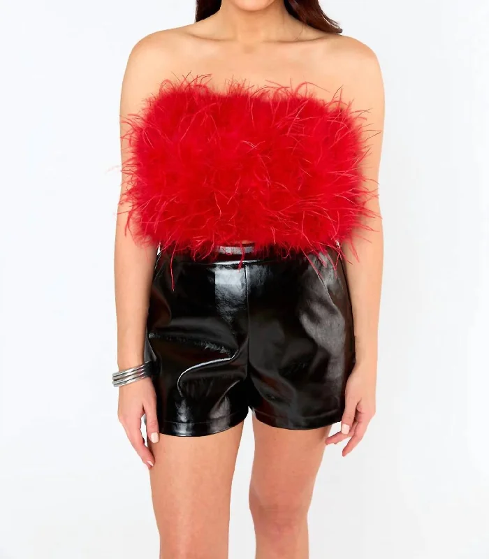 Fancy Strapless Feather Crop Top In Crimson New Arrivals