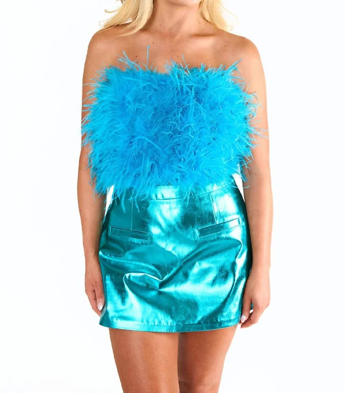 Fancy Strapless Feather Crop Top In Turquoise Feather Fashion-Forward