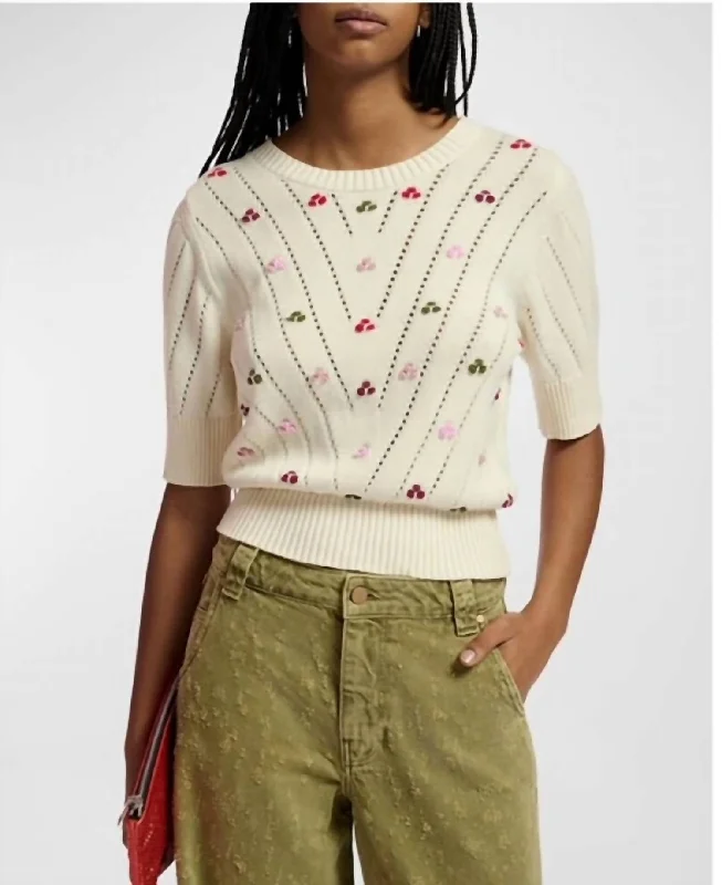 Fare Embroidered Knitted Top In Ecru / Light Pink/khaki Nordic Minimalist Home Look