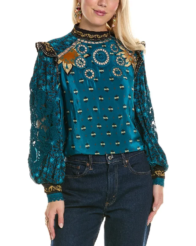 FARM Rio Lace Inserts Blouse Trendy Street Style Attire