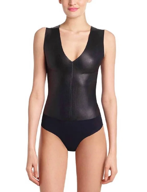 Faux Leather Deep-V Bodysuit In Black Minimalist Elegant