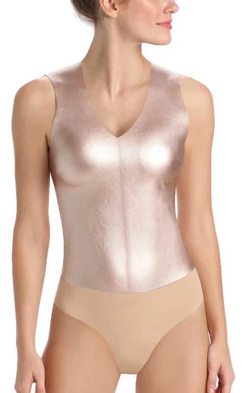 Faux Leather Deep-V Bodysuit In Rose Gold Everyday Basics