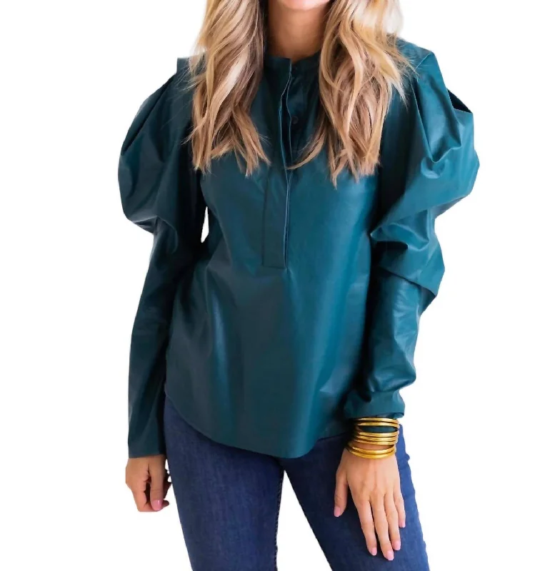 Faux Leather Puff Sleeve Top In Teal Daily Deals