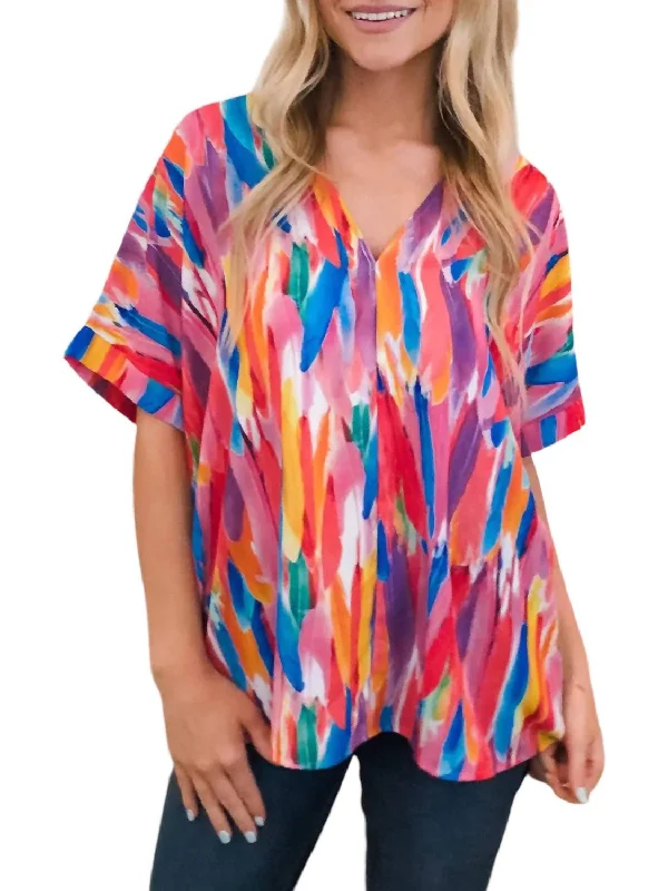 Feather Flowy V Neck Blouse In Multi Color Luxury Comfort