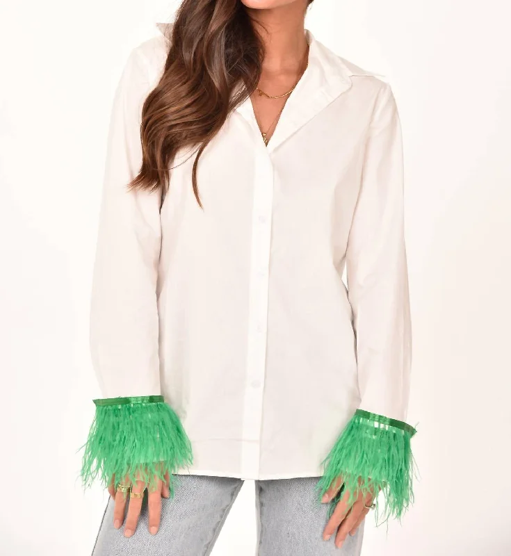 Feather Sleeve Button Down Blouse In White/green Elegant Attire