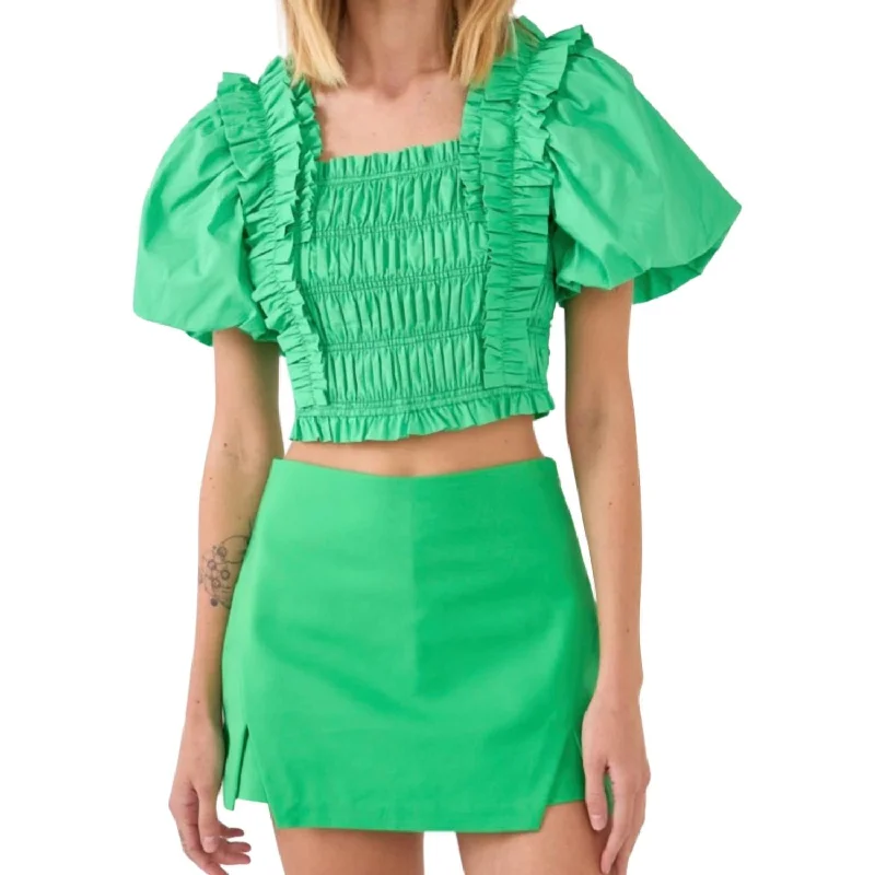 Feeling Fun Puff Sleeve Top In Green Budget Friendly