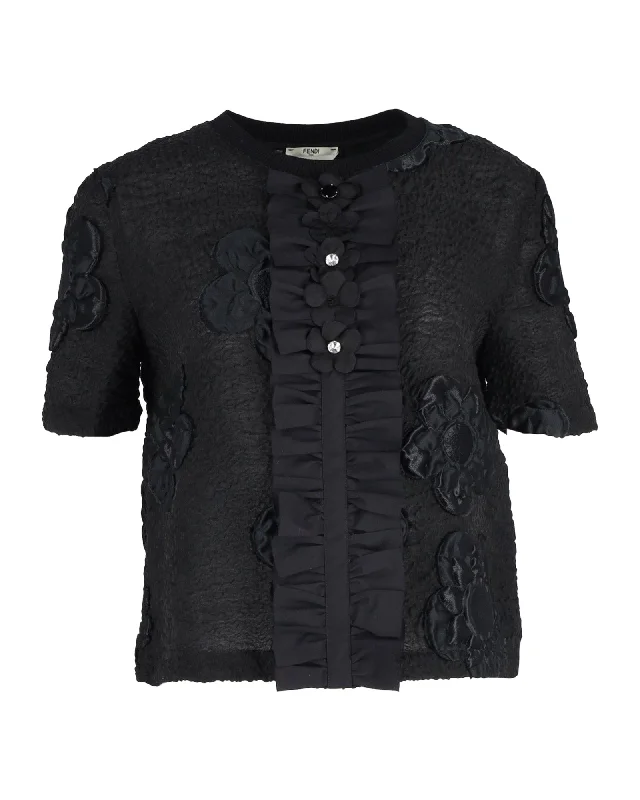 Fendi Embroidered Flower Blouse in Black Wool Season Appropriate Women's Collection