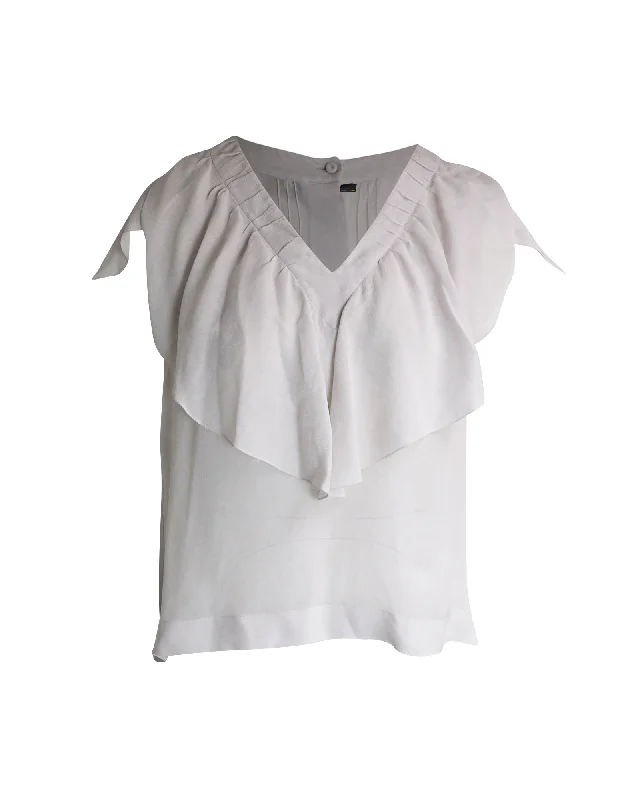 Fendi Ruffled V-Neck Blouse in White Silk Elevated Style