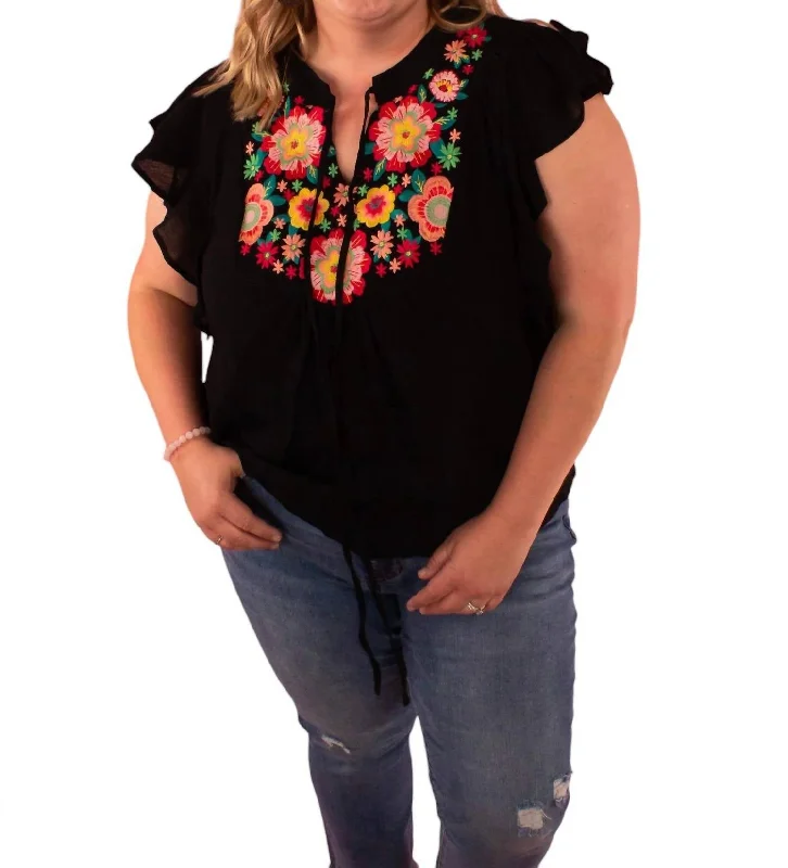 Flora Embroidered Flutter Sleeve Top In Black Fashion For Every Occasion