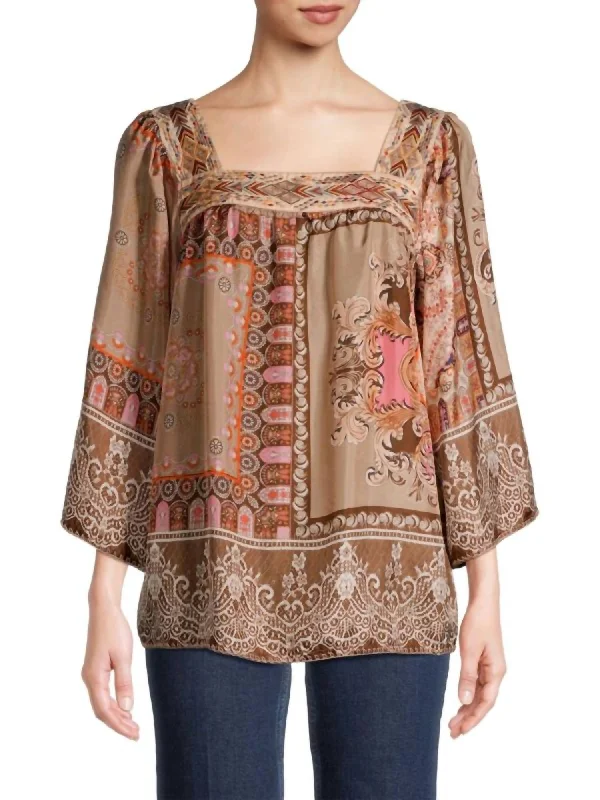 Flora Lace Silk Blouse In Beige/brown Multi Casual Chic