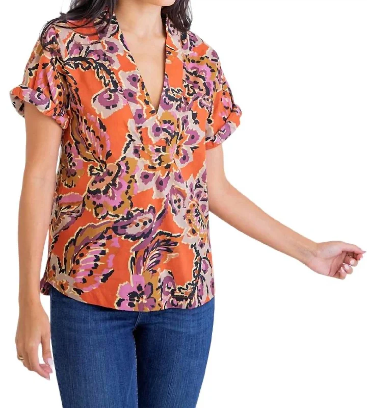 Floral Abstract Signature Vneck Top In Rust Formal Outfit