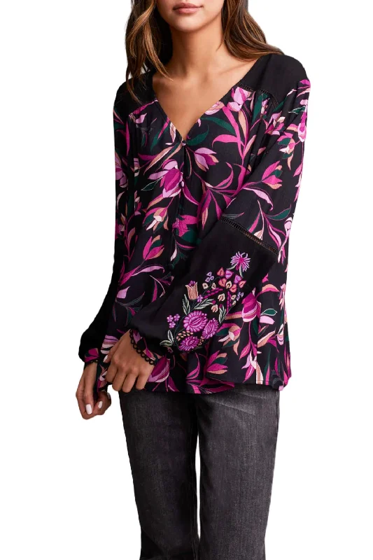 Floral Button Front Blouse With Embroidery In Deep Magenta Clearance Event