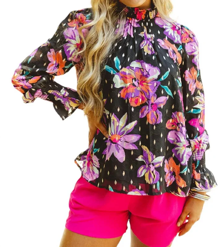 Floral Chiffon Smocked Blouse In Black And Gold Foil Athleisure Wear Promotion