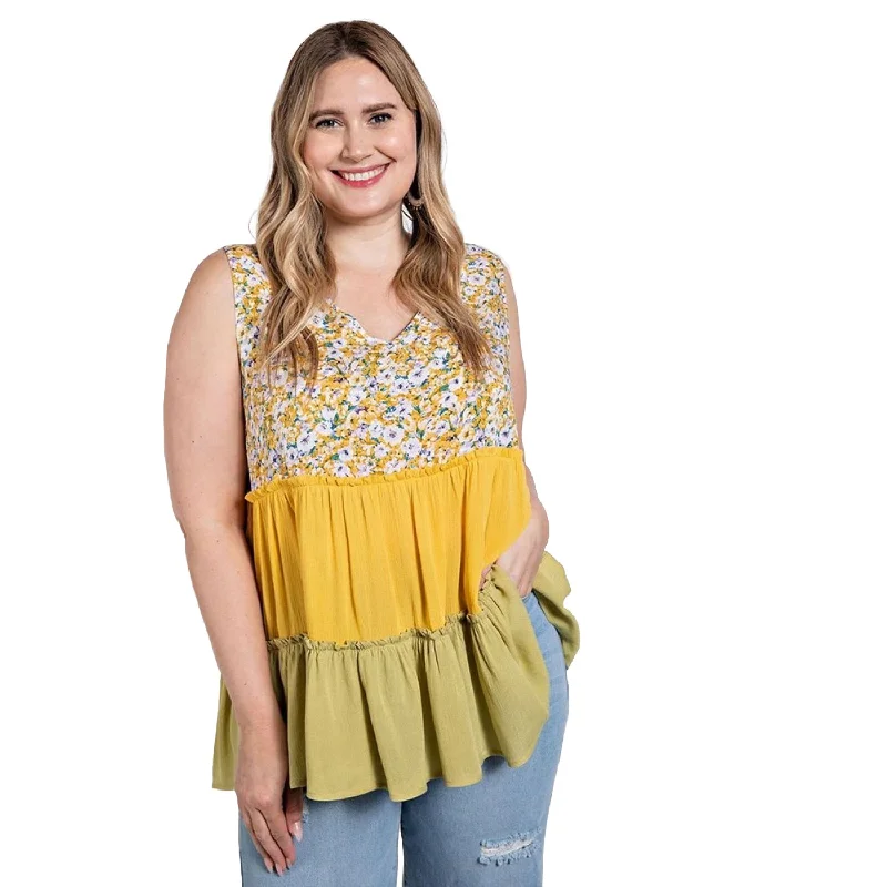 Floral Color Block Ruffle Detail Tiered V-neck Top Exclusive Sale