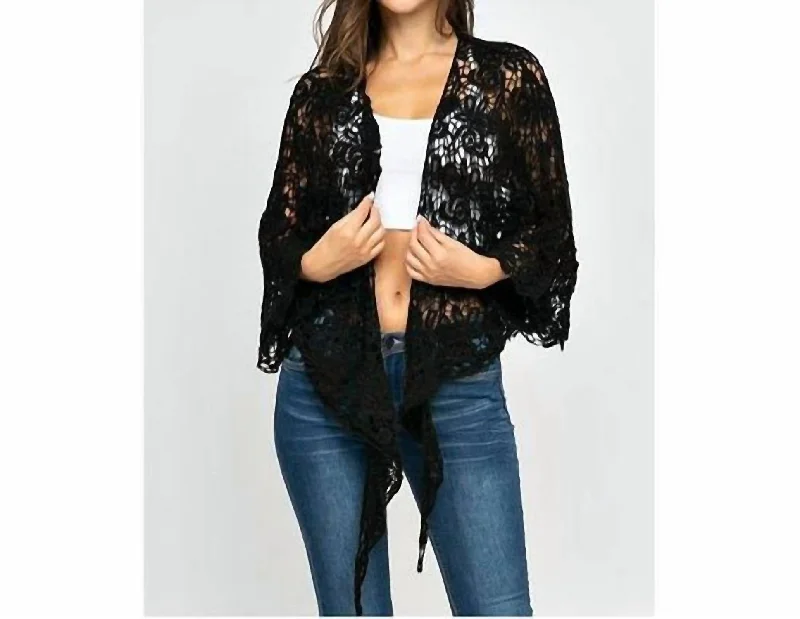 Floral Crochet Front Tie Up Kimono In Black Limited Time