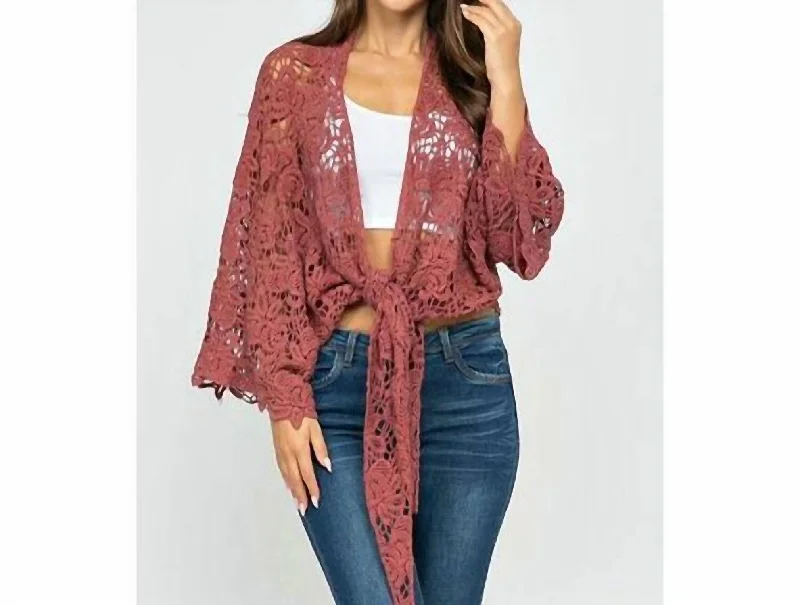 Floral Crochet Front Tie Up Kimono In Redwood All Season Basics Discount