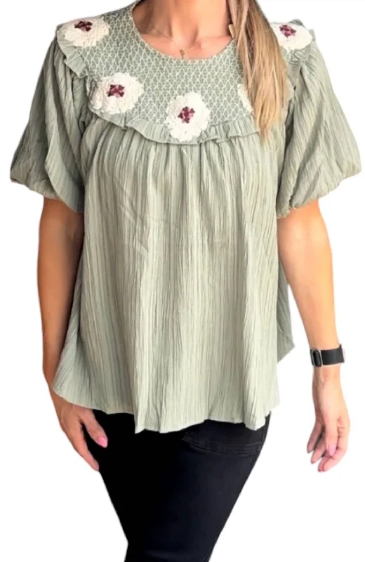 Floral Detail Smocked Blouse In Sage Exclusive Deals Online