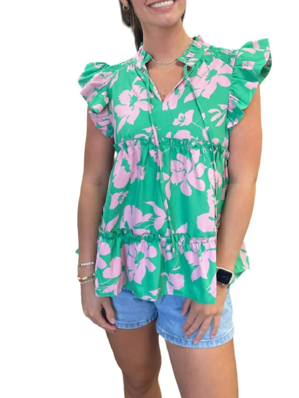 Floral Fantasy Babydoll Top In Green Mix Sale Event, Prices Rock