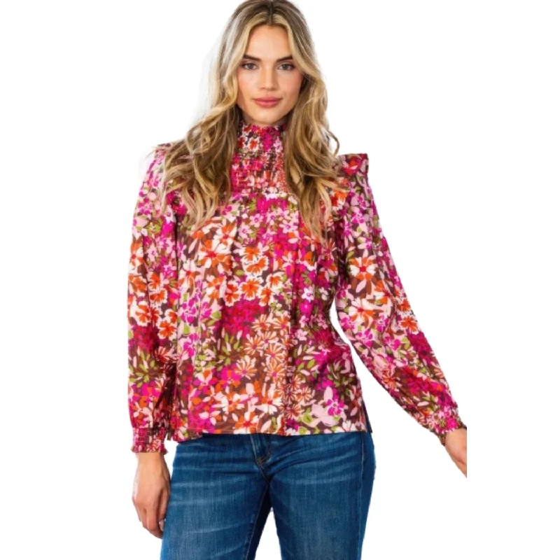 Floral Mock Neck Smocked Yoke Blouse Break Fashion Norms