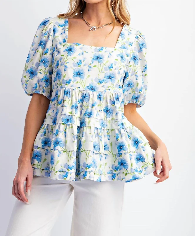 Floral Print Cotton Poplin Babydoll Top In Blue Chic And Trendy