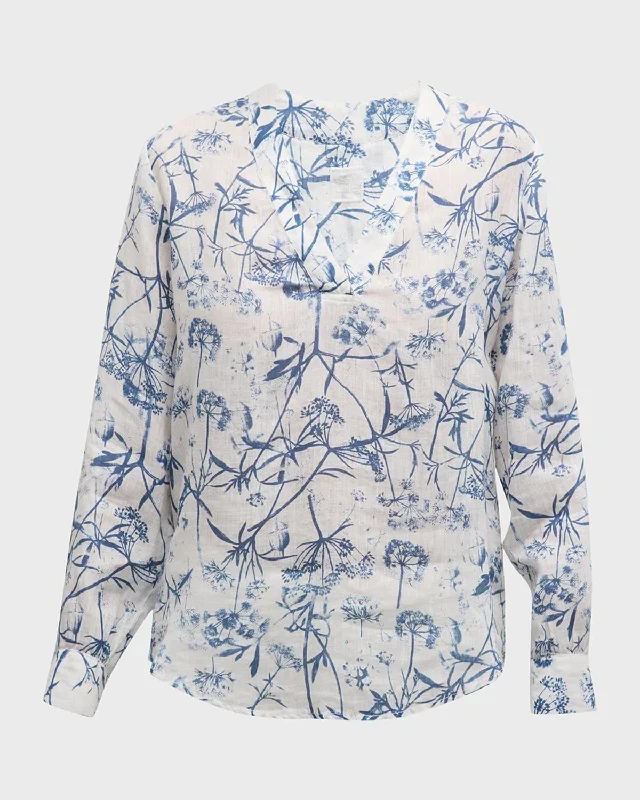 Floral-Print V-Neck Linen Blouse Parisian Effortless Chic Style