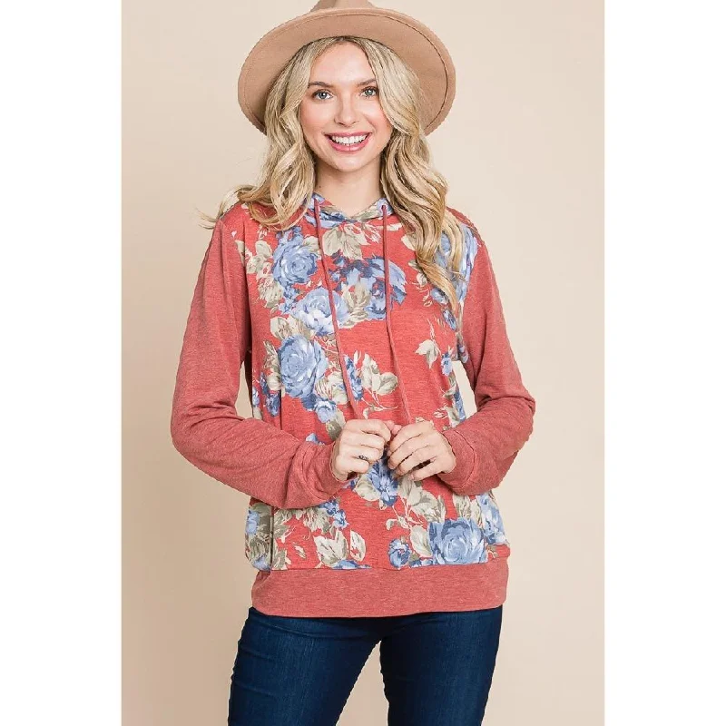 Floral Printed Contrast Hoodie With Relaxed Fit And Cuff Detail Contemporary Chic